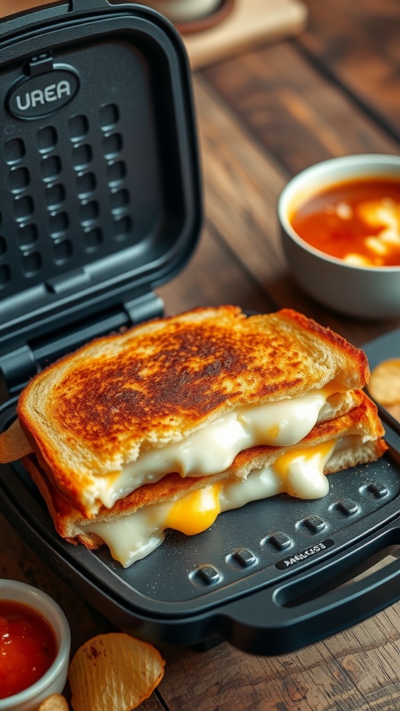 Grilled cheese sandwich with melted cheese, served with potato chips and marinara sauce on a rustic table.